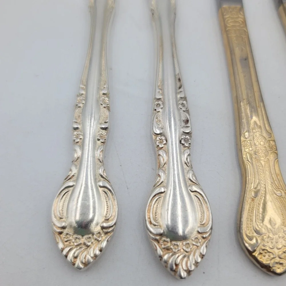 4pc Vintage Ornate Floral Scroll Dinner Knives Silver Gold Tone Mixed Set